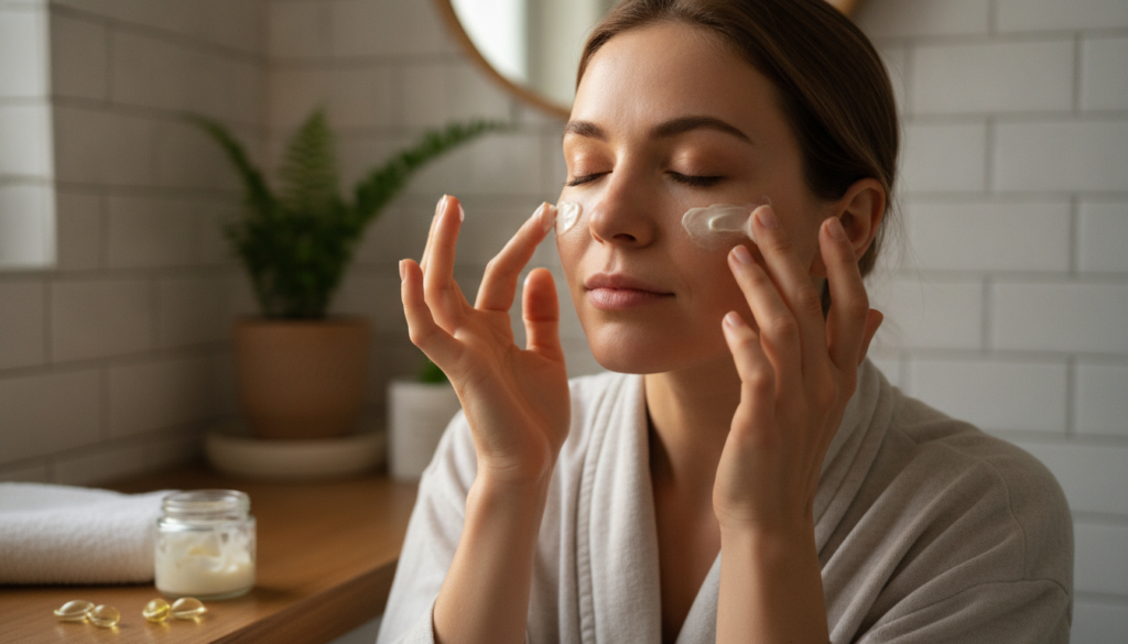 A woman gently applying a homemade Vaseline and Vitamin E mixture to her face focusing on areas with fine lines with sof
