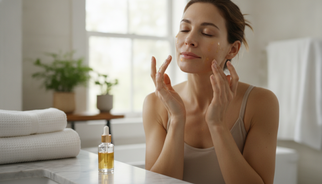 A woman gently massaging a few drops of golden-hued oil onto her clean face and neck with her fingertips focusing on are