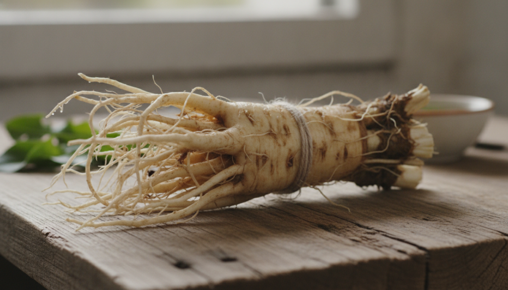 A close-up of harvested fresh dandelion roots cleaned and bundled against a natural background