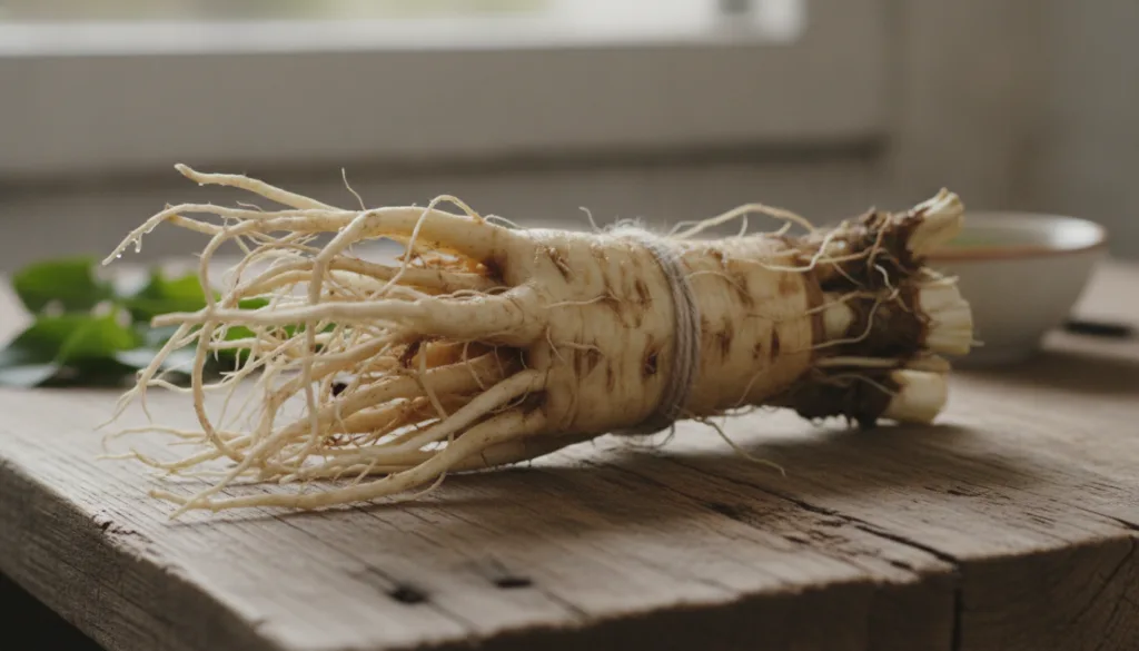 A close-up of harvested fresh dandelion roots cleaned and bundled against a natural background