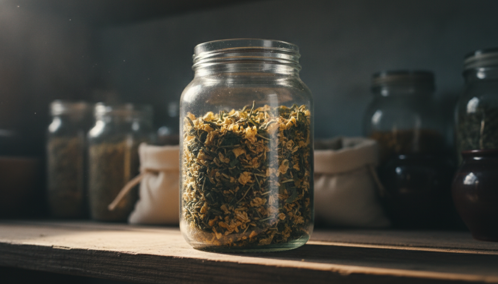 A clear glass jar filled with dried chopped dandelion root and leaves labeled for storage in a cool dark pantry setting