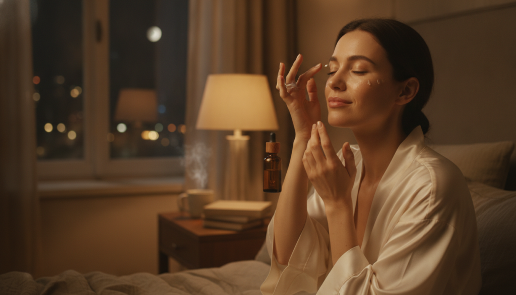 A woman gently applying a few drops of serum to her clean face at night with a soft warm glow around her