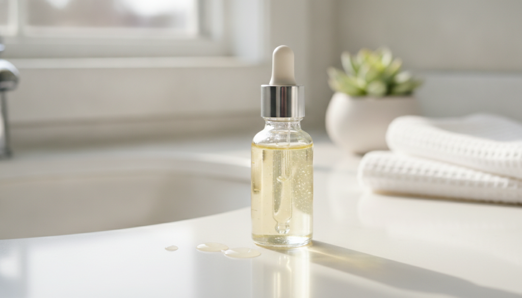 A small clear glass bottle filled with a light yellow liquid labeled as DIY Youthful Skin Serum