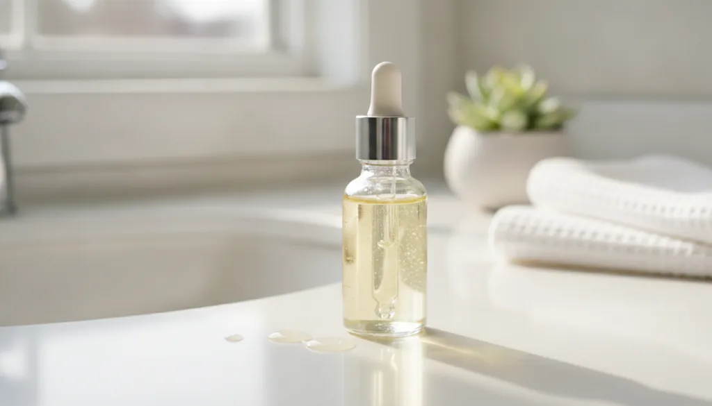 A small clear glass bottle filled with a light yellow liquid labeled as DIY Youthful Skin Serum