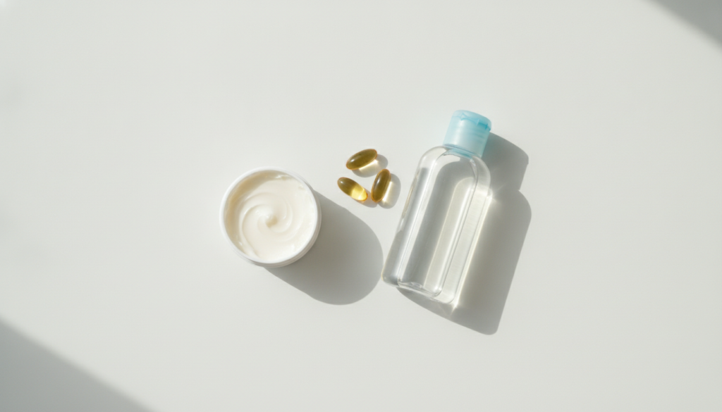 A collection of simple ingredients for homemade beauty a small tub of Vaseline a bottle of Johnson s Baby Oil and severa