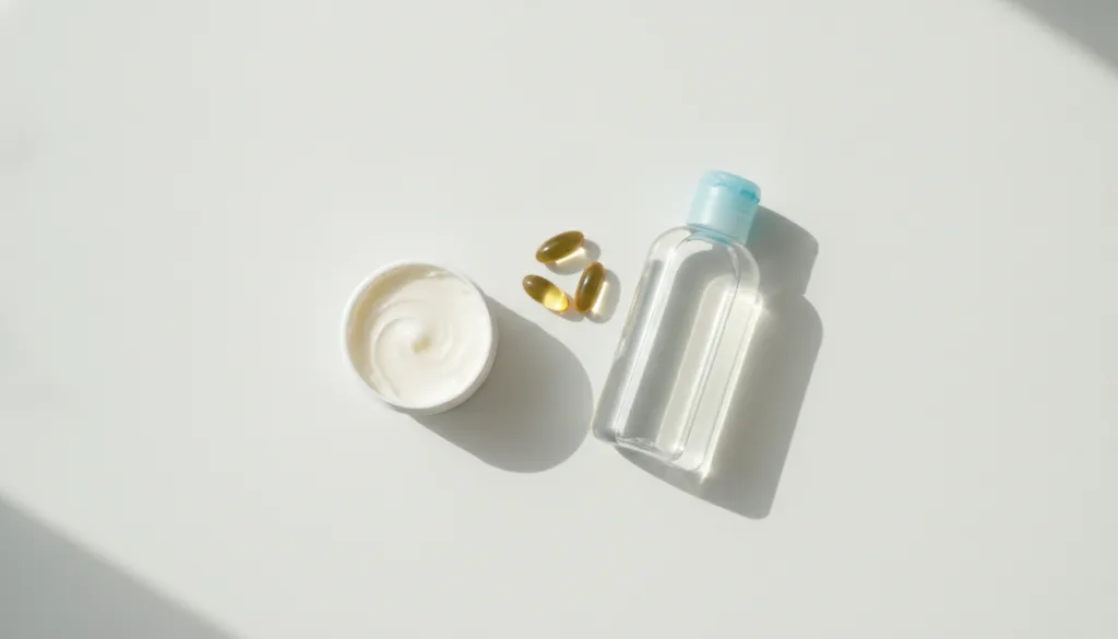 A collection of simple ingredients for homemade beauty a small tub of Vaseline a bottle of Johnson s Baby Oil and severa