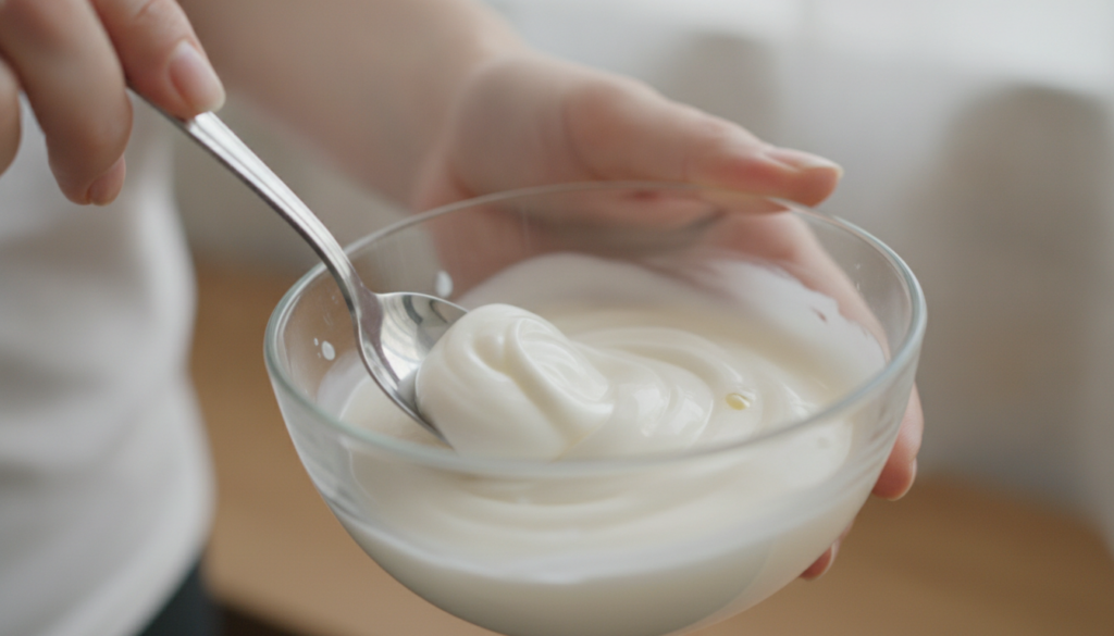 Close-up shot of hands mixing Vaseline Johnson s Baby Oil and vitamin E oil in a small glass bowl with a spoon showing t