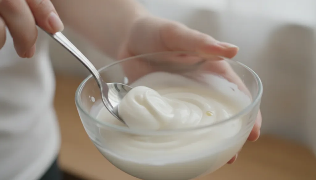 Close-up shot of hands mixing Vaseline Johnson s Baby Oil and vitamin E oil in a small glass bowl with a spoon showing t