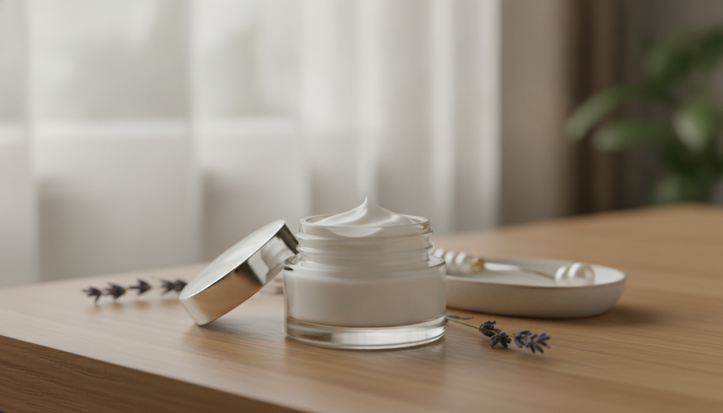 A small elegant glass jar filled with the homemade white collagen cream placed on a vanity or bathroom shelf with a soft