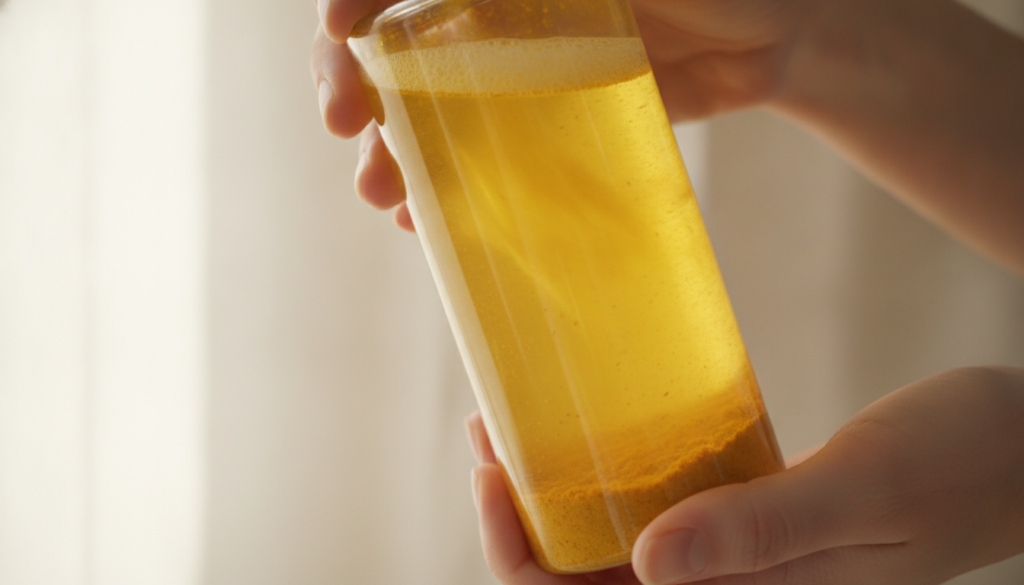 A clear glass bottle filled with a yellow-tinted baby oil and turmeric mixture being shaken by hands on a simple backgro