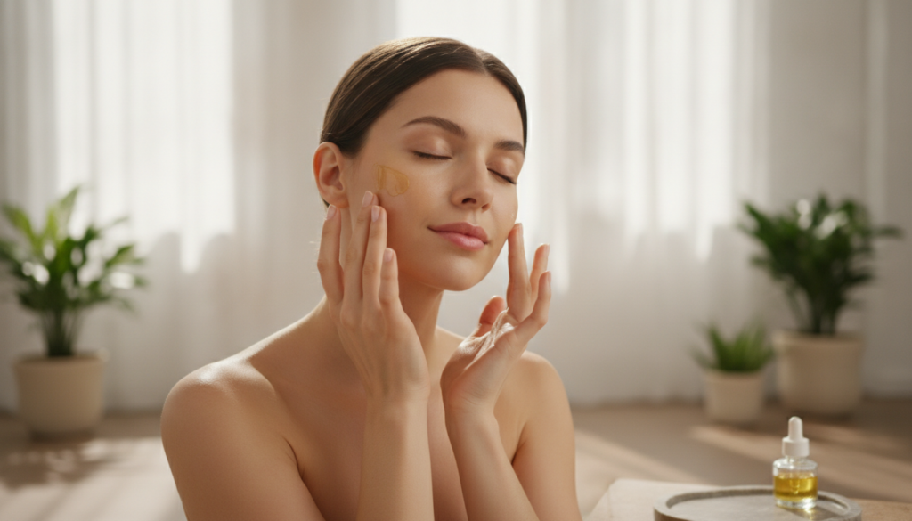 A woman gently massaging a golden-tinted oil into her clean face with a radiant soft focus glow illustrating smooth skin