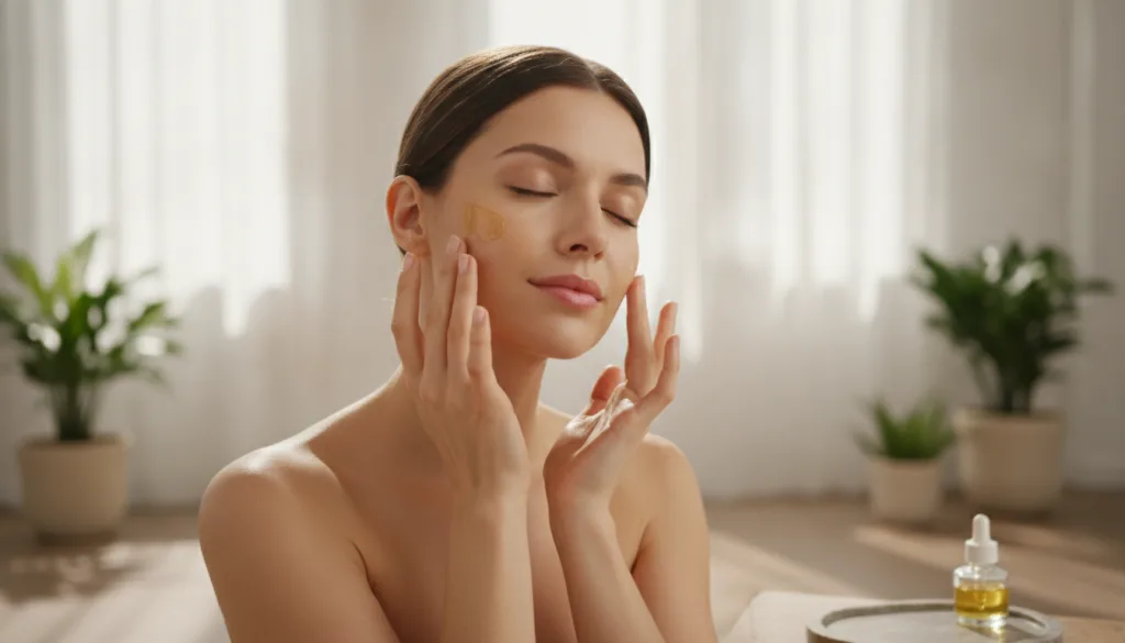 A woman gently massaging a golden-tinted oil into her clean face with a radiant soft focus glow illustrating smooth skin