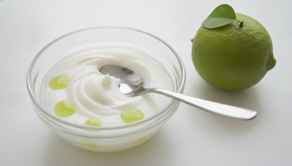 A small bowl with a mixture of white Vaseline and fresh lime juice next to a whole lime and a spoon