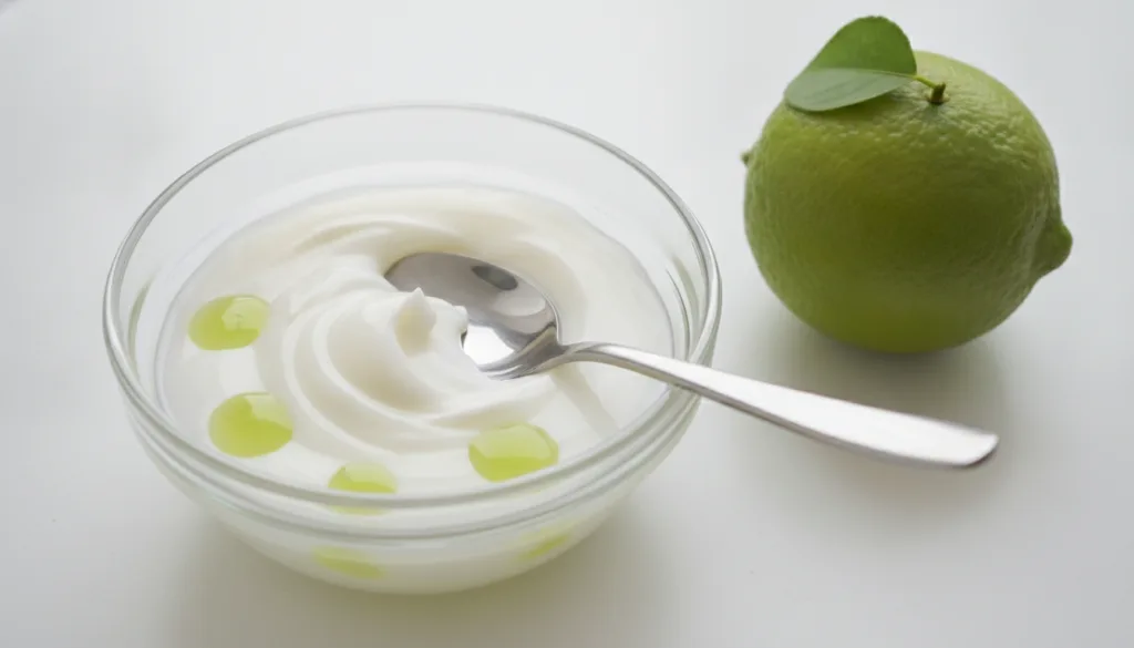 A small bowl with a mixture of white Vaseline and fresh lime juice next to a whole lime and a spoon