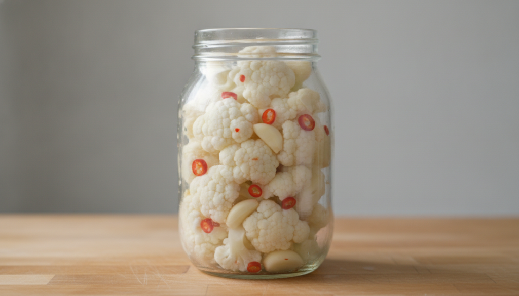A clear glass jar filled with bright white cauliflower florets with visible red chili flakes and garlic cloves on a clea
