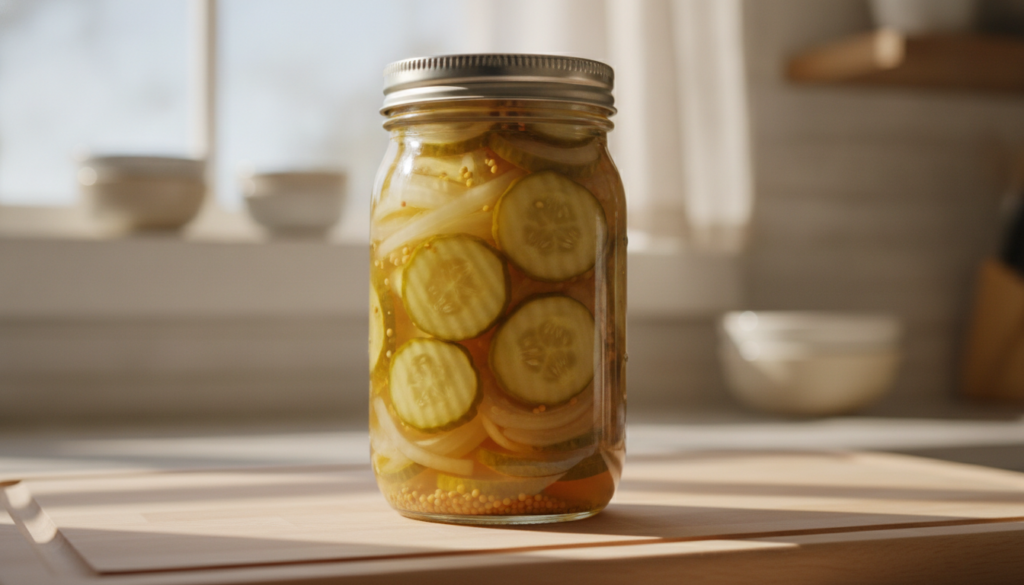 A clear glass jar of golden-hued bread and butter pickles showing thin cucumber and onion slices with mustard seeds visi