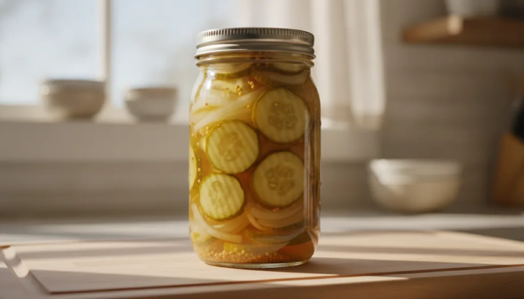 A clear glass jar of golden-hued bread and butter pickles showing thin cucumber and onion slices with mustard seeds visi