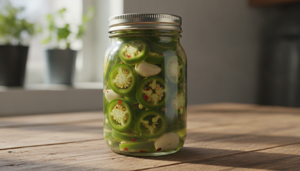 A clear glass jar filled with bright green sliced jalapeño pickles with visible garlic cloves and chili flakes on a rust