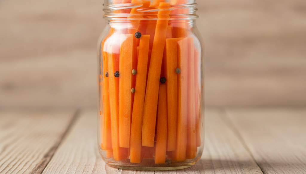 A clear glass jar filled with vibrant orange carrot sticks with visible peppercorns and coriander seeds on a light woode