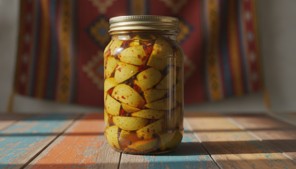 A clear glass jar filled with slices of green mango pickles showing red chili flakes and black peppercorns on a vibrant 