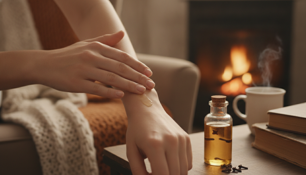 A woman gently massaging clove-infused baby oil onto her arm showcasing smooth glowing skin The background is soft and w