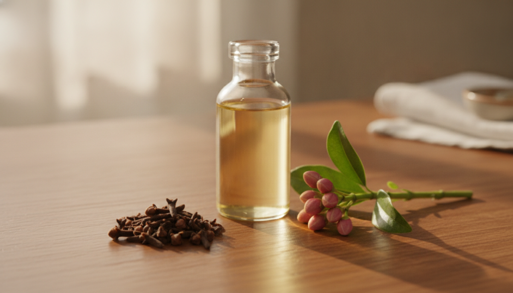 A clear glass bottle of baby oil next to a small pile of dried cloves and a sprig of fresh cloves on a warm natural wood