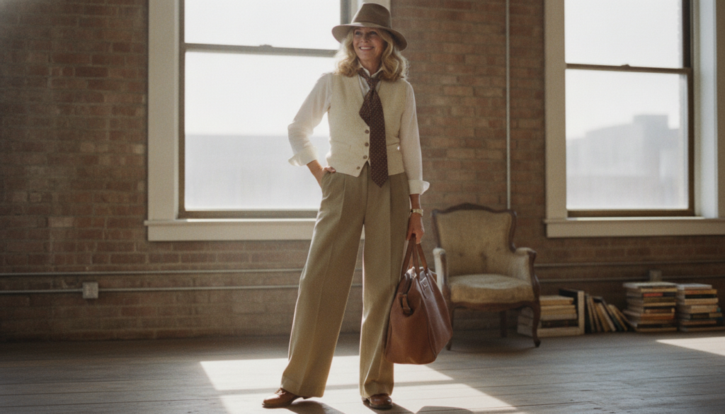 Diane Keaton in her iconic Annie Hall outfit a vest tie and wide-leg trousers with a hat