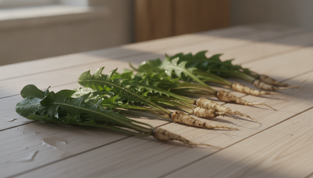 Freshly harvested dandelion leaves and roots laid out on a clean surface ready for tea preparation