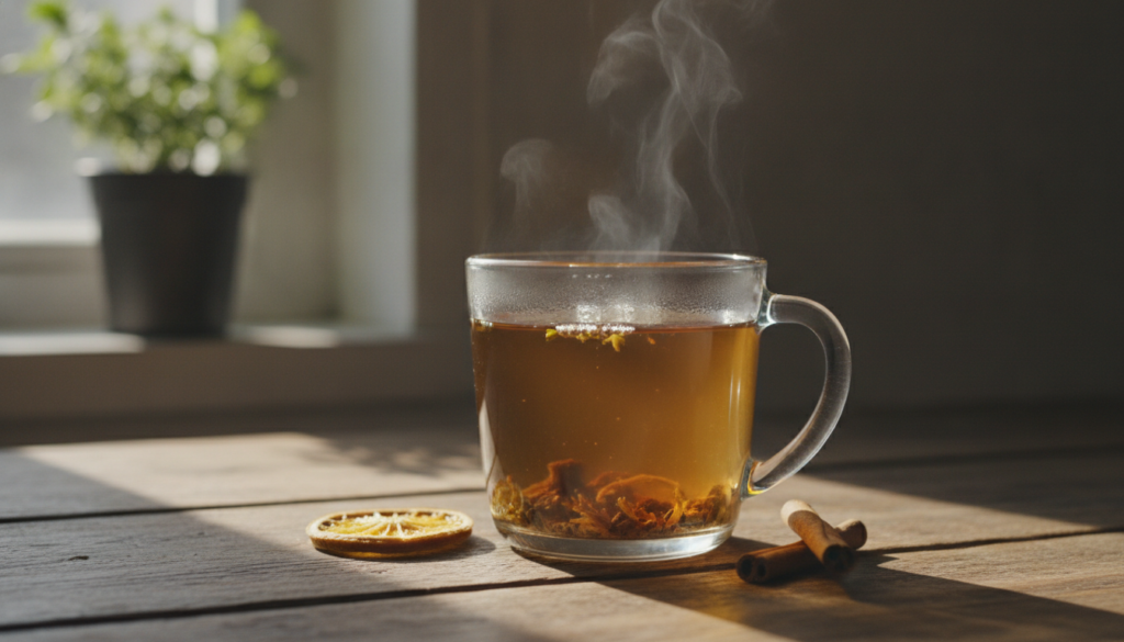 A clear glass mug of freshly brewed dandelion tea steaming gently on a wooden table