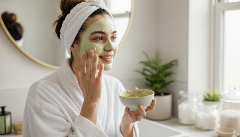 A woman gently applying a homemade face mask made with natural ingredients and Vaseline looking happy and confident in a
