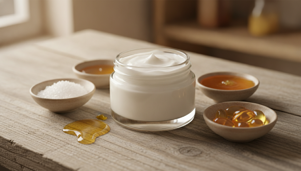 A close-up of a small glass jar filled with a creamy white homemade face cream surrounded by the natural ingredients use