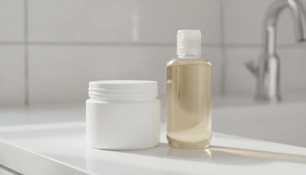 Ingredients for DIY collagen cream a jar of petroleum jelly and a bottle of baby oil on a clean light-colored surface wi