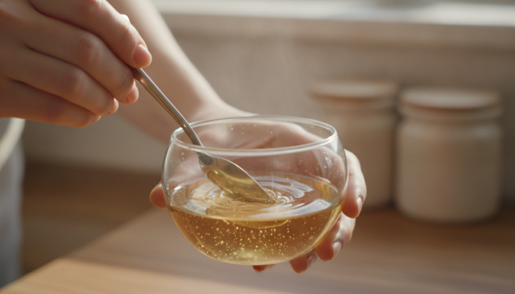 Hands mixing melted petroleum jelly and baby oil in a small glass bowl with a spoon showing the creamy texture developin