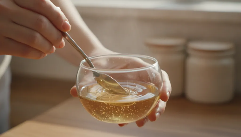 Hands mixing melted petroleum jelly and baby oil in a small glass bowl with a spoon showing the creamy texture developin