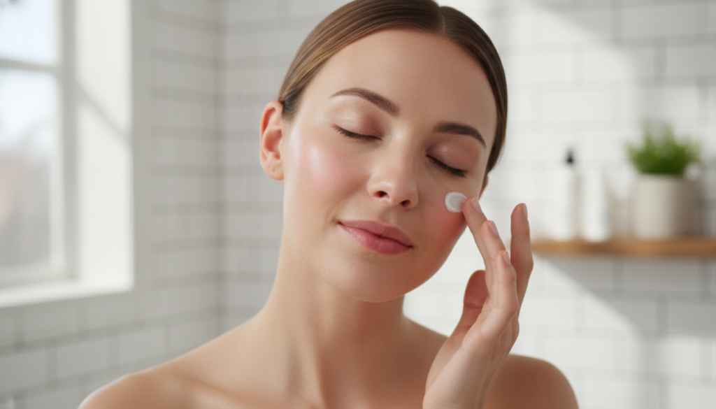 A woman gently massaging a small amount of cream onto her face focusing on her cheek and eye area with a soft glowing co