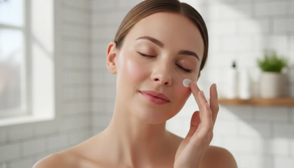 A woman gently massaging a small amount of cream onto her face focusing on her cheek and eye area with a soft glowing co