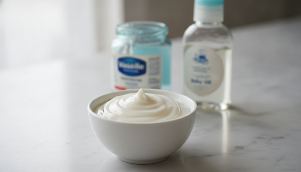 A close-up shot of a small bowl containing a creamy white mixture with a jar of Vaseline and a bottle of baby oil in the
