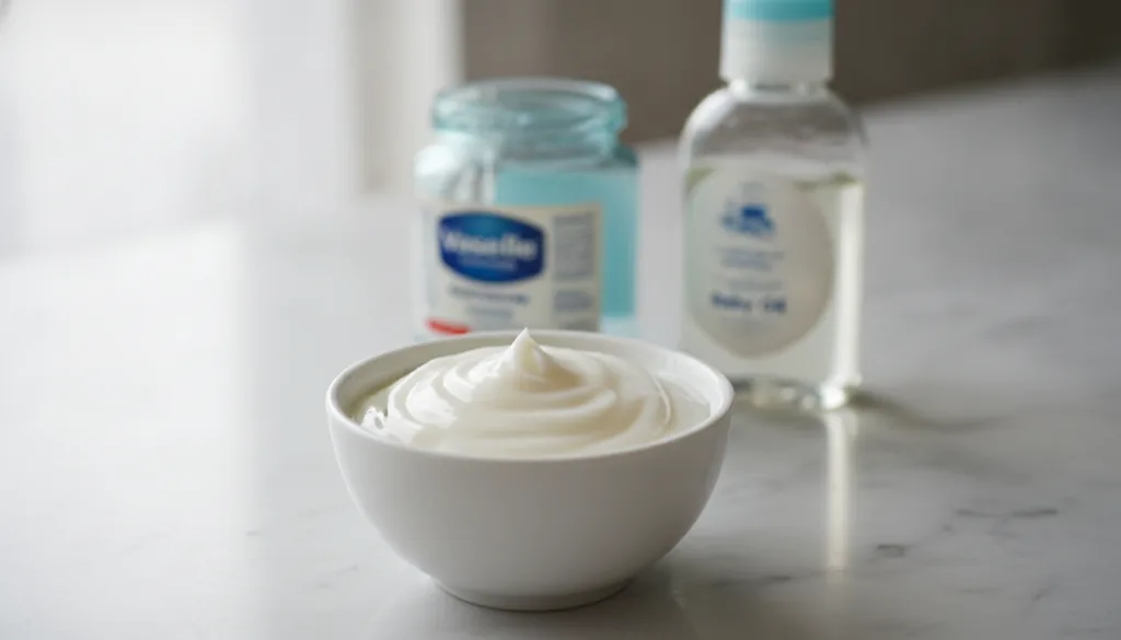A close-up shot of a small bowl containing a creamy white mixture with a jar of Vaseline and a bottle of baby oil in the