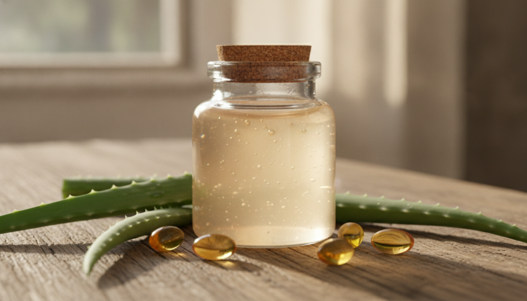 A small glass jar of homemade collagen night gel surrounded by fresh aloe vera leaves and vitamin E capsules on a rustic