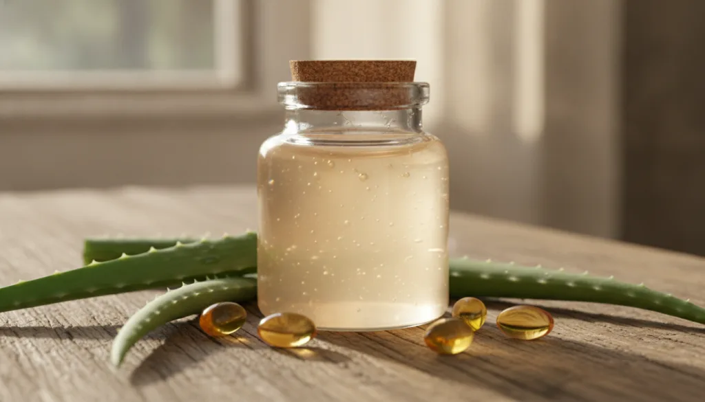 A small glass jar of homemade collagen night gel surrounded by fresh aloe vera leaves and vitamin E capsules on a rustic
