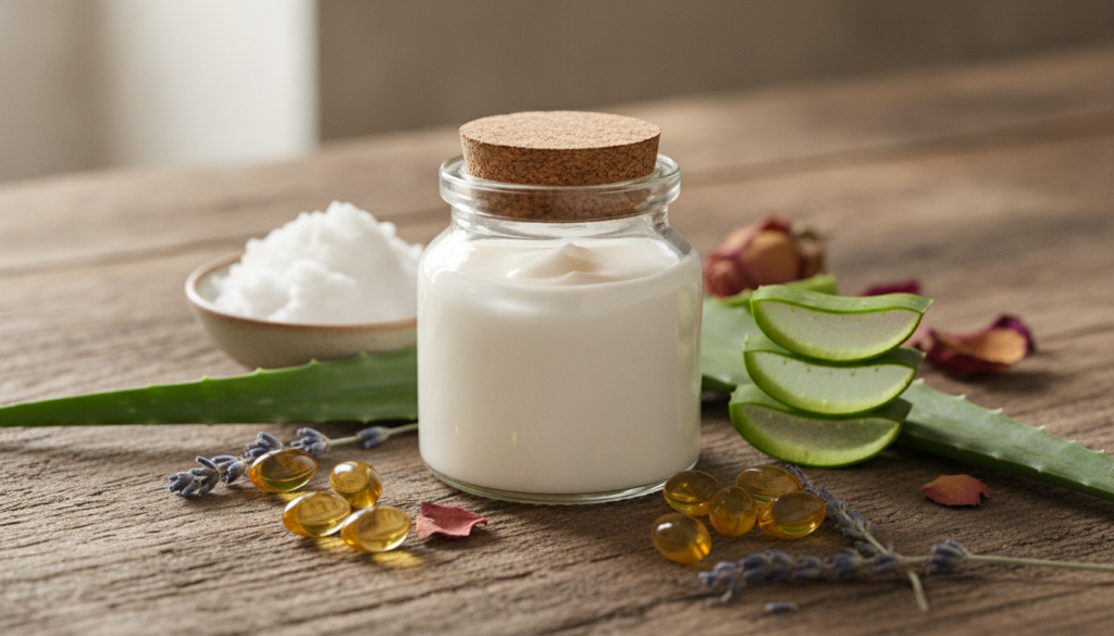 A small glass jar of homemade collagen cream on a rustic wooden surface surrounded by natural ingredients like coconut o