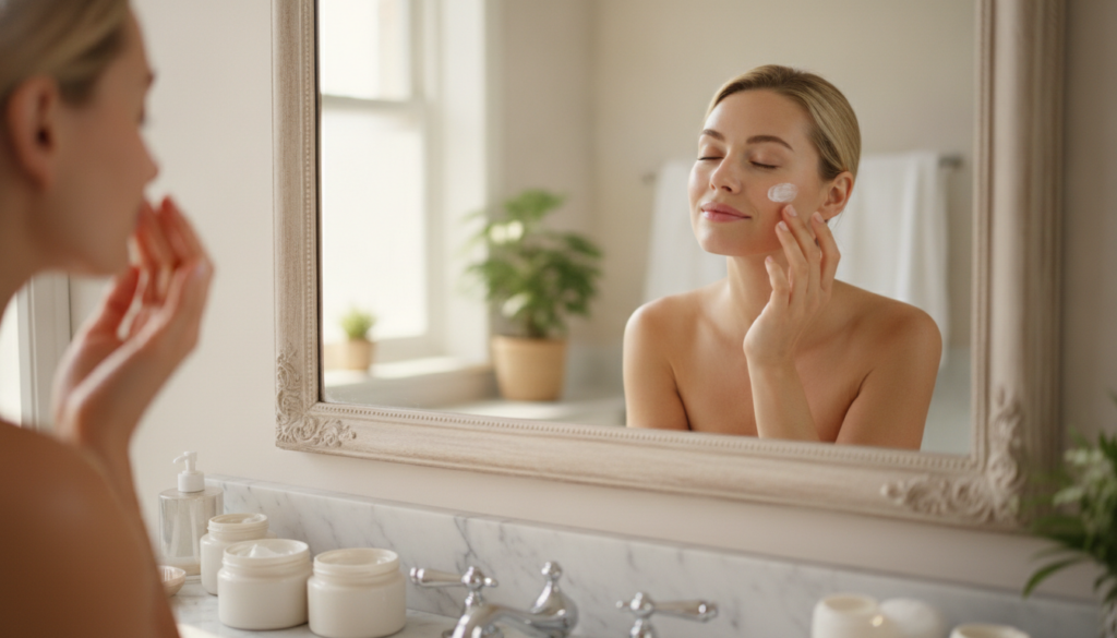 A woman gently applying a small amount of homemade collagen cream to her face focusing on areas with fine lines with a s