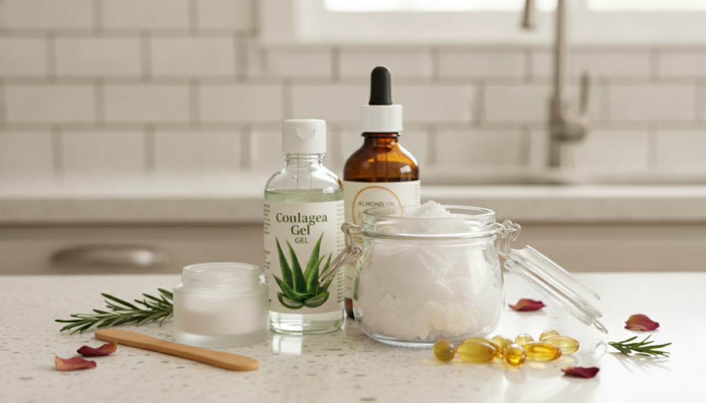 All the ingredients for the DIY collagen cream laid out neatly on a clean kitchen counter aloe vera gel coconut oil vita