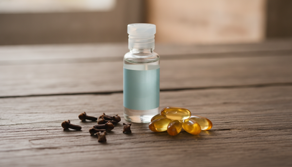 Ingredients for homemade beauty oil small bottle of baby oil a bottle of Vitamin E capsules and a few dried cloves on a 
