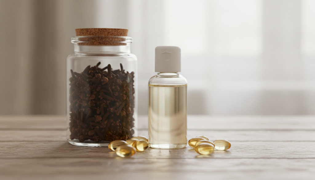 A still life image showing the ingredients for the DIY beauty recipe a small bottle of baby oil a jar of dried cloves an
