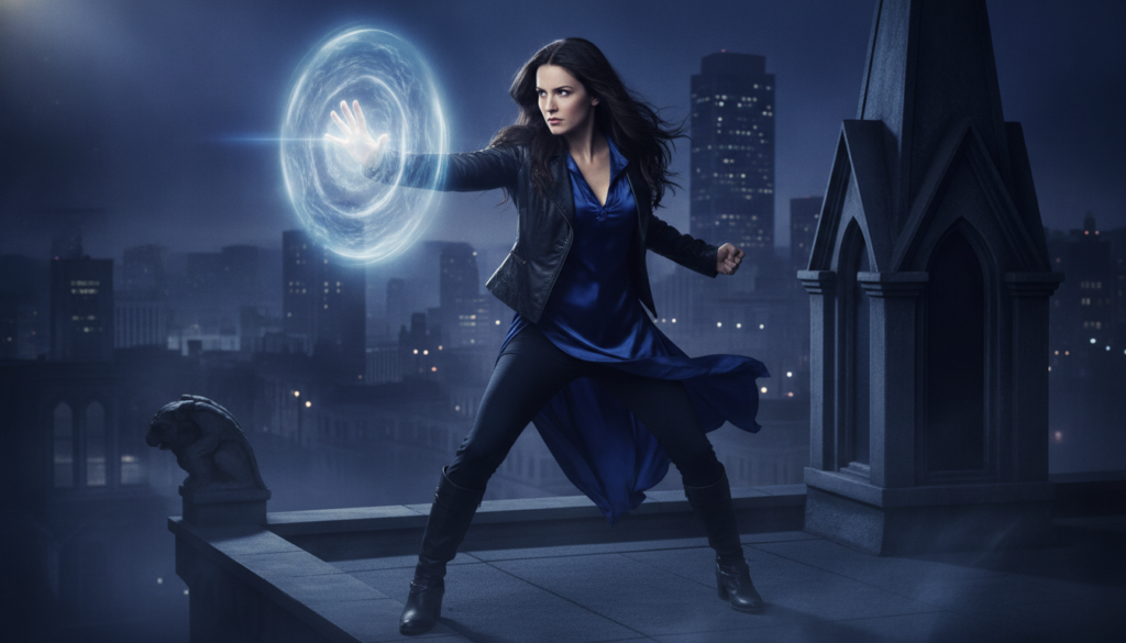 Shannen Doherty as Prue Halliwell in Charmed showing her in a magical or action pose