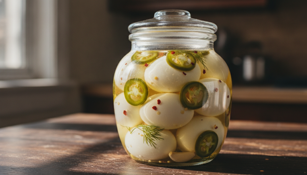 A glass jar filled with spicy pickled eggs showing white eggs alongside bright green jalapeño slices and hints of red pe