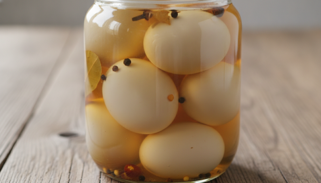 A glass jar filled with classic pickled eggs submerged in a clear spiced brine The eggs are white and perfectly rounded 
