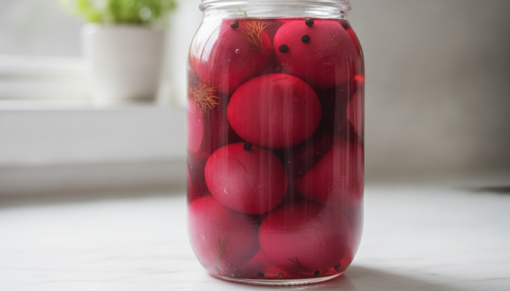 A glass jar filled with vibrant magenta beet pickled eggs with slices of cooked beets and possibly some onion visible in