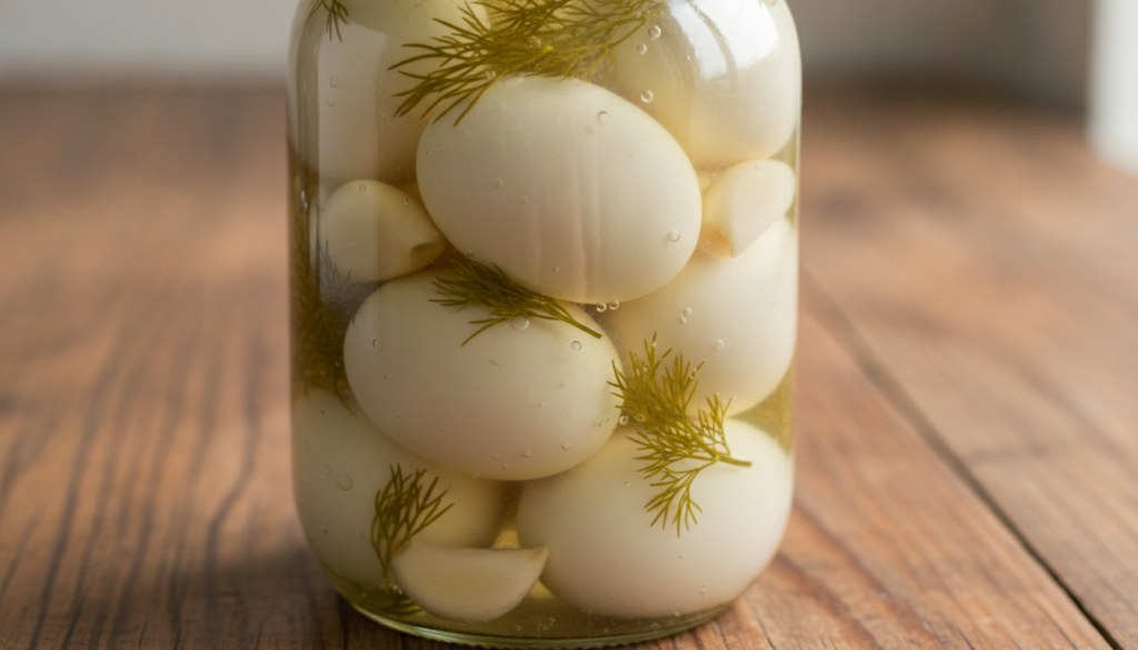 A glass jar filled with garlic dill pickled eggs The eggs are nestled with fresh sprigs of dill and peeled garlic cloves
